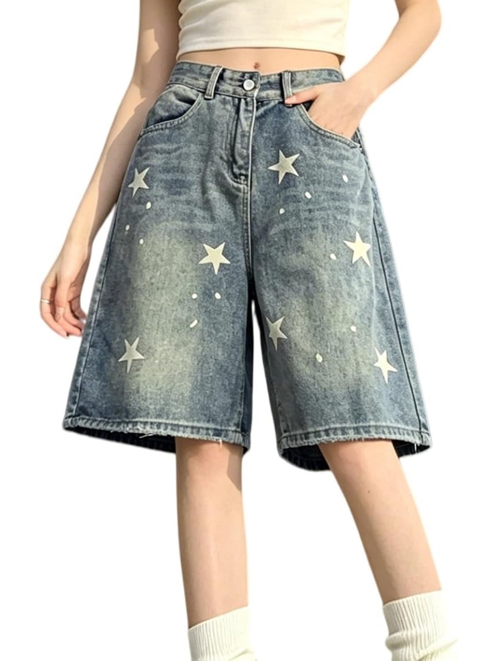 High-Waist Star Print Denim Bermuda Shorts - White Stars